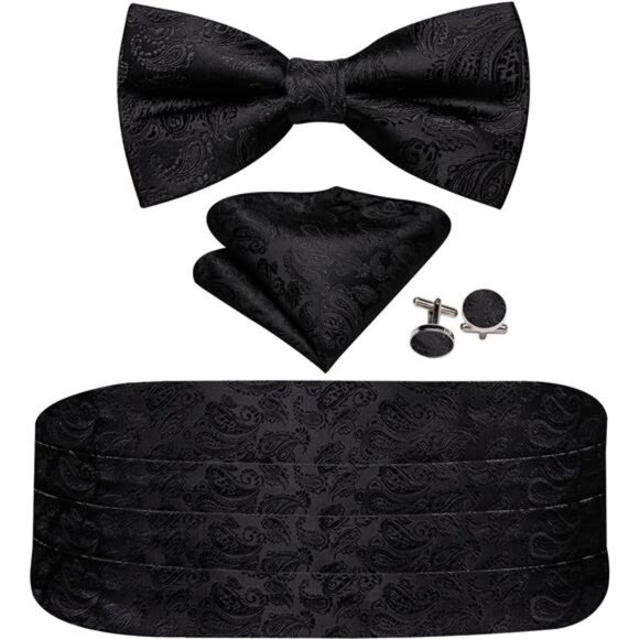 Men Cummerbund Bow Tie Set Silk Paisley Formal Pre-Tied Bowtie Pocket - Picture 1 of 6